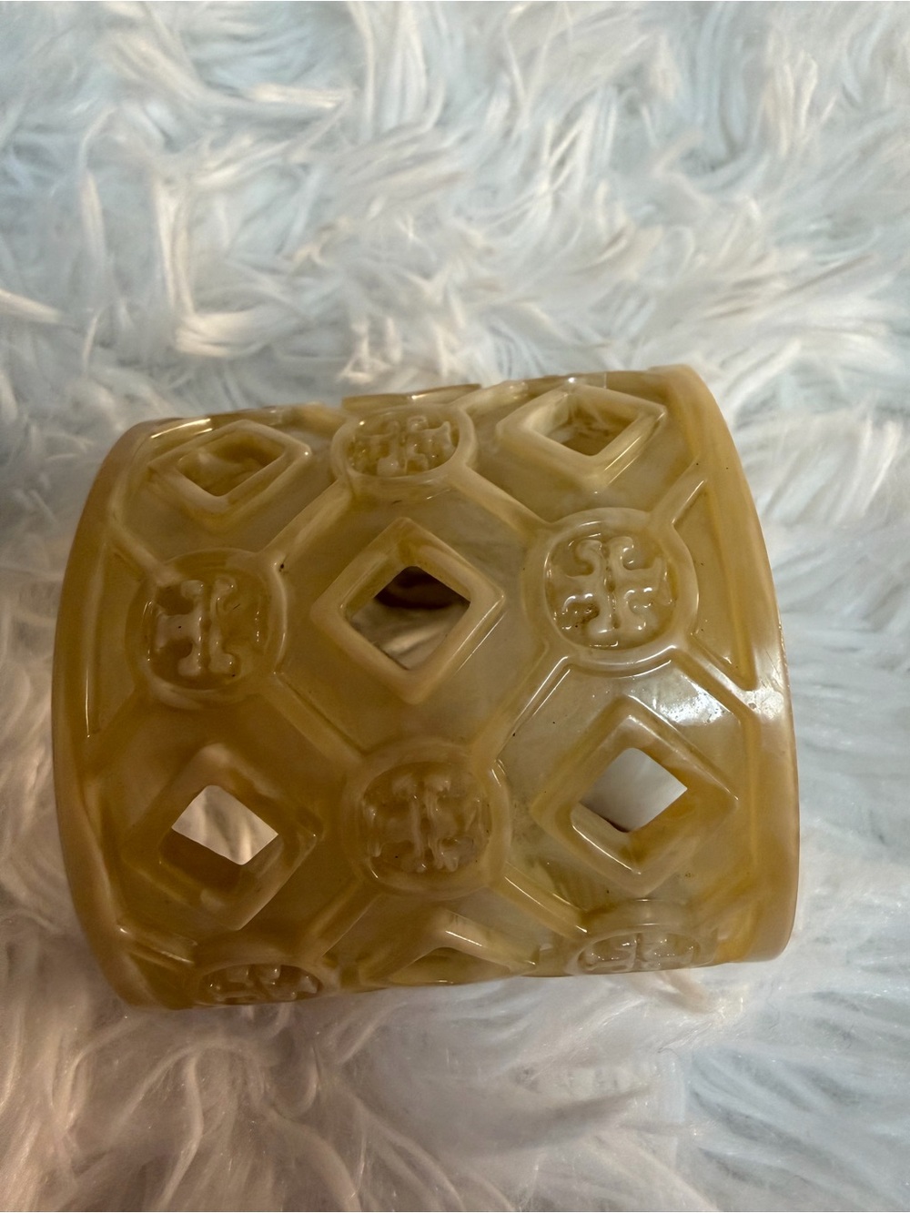 Tory Burch Resin Statement Cuff Bracelet Neutral Marbled Wide Logo Bangle